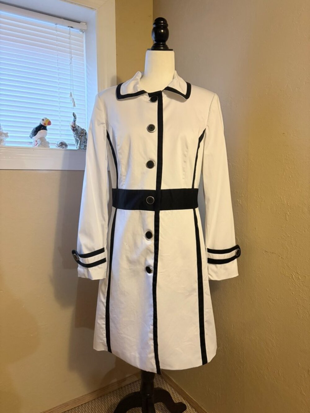 #197 Women's Alfani Black White Color Block Trench Coat Long Jacket Size 12